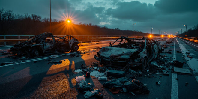 Severely damaged cars and debris scattered across multiple highway lanes with twisted metal and luggage