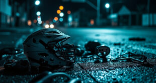 Lacrosse helmet and equipment scattered on dark wet pavement at urban intersection after collision