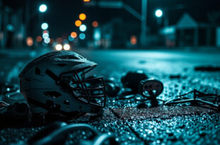 Lacrosse helmet and equipment scattered on dark wet pavement at urban intersection after collision
