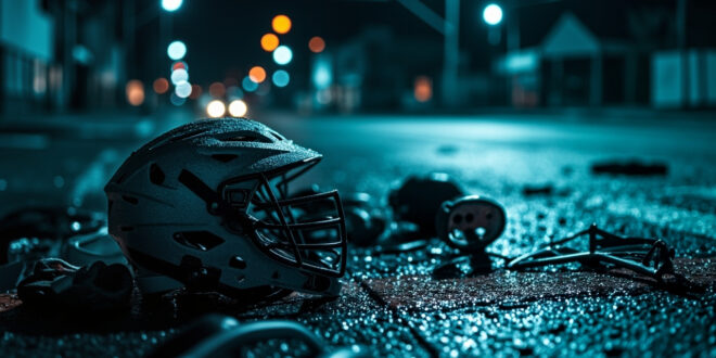 Lacrosse helmet and equipment scattered on dark wet pavement at urban intersection after collision
