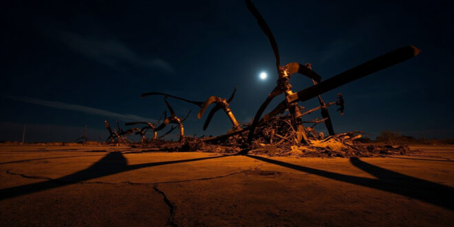 Destroyed helicopter wreckage with bent rotor blades on burned ground at night crash scene