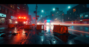 Damaged orange traffic barricades scattered across wet downtown intersection with emergency vehicle lights reflecting.