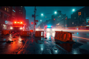 Damaged orange traffic barricades scattered across wet downtown intersection with emergency vehicle lights reflecting.