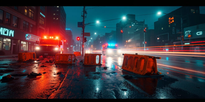 Damaged orange traffic barricades scattered across wet downtown intersection with emergency vehicle lights reflecting.