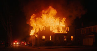 House fire with flames visible through windows and smoke billowing into dark night sky