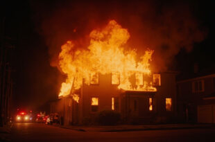 House fire with flames visible through windows and smoke billowing into dark night sky