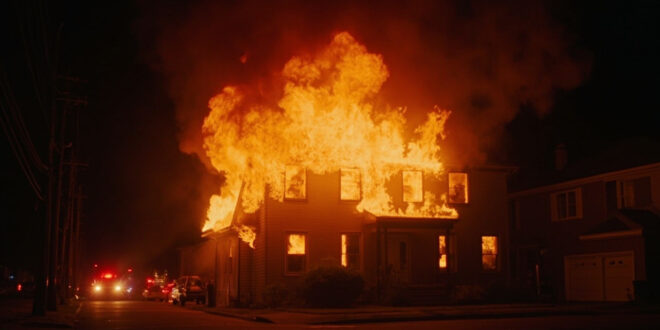 House fire with flames visible through windows and smoke billowing into dark night sky