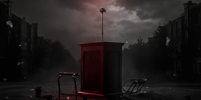 Empty microphone on podium surrounded by overturned chairs and scattered papers on college campus lawn