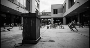 Empty university event space with overturned chairs and abandoned podium microphone