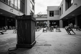 Empty university event space with overturned chairs and abandoned podium microphone
