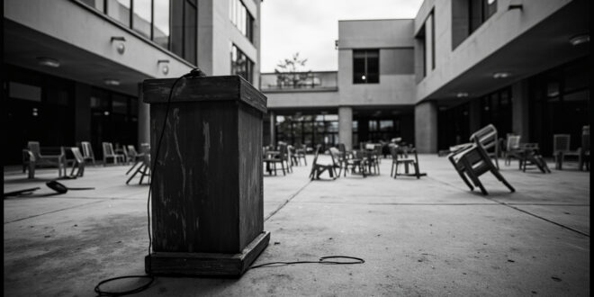 Empty university event space with overturned chairs and abandoned podium microphone