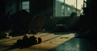 Dimly lit child's room with scattered toys and teddy bear on hardwood floor in residential home