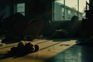 Dimly lit child's room with scattered toys and teddy bear on hardwood floor in residential home