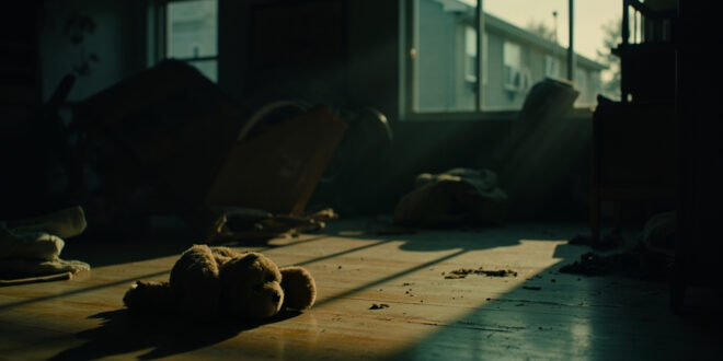 Dimly lit child's room with scattered toys and teddy bear on hardwood floor in residential home