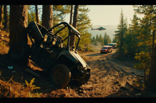 Overturned ATV wreckage against tree trunk on mountain trail with emergency vehicles nearby