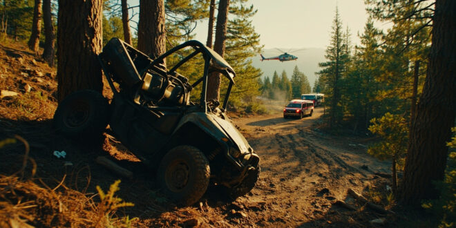 Overturned ATV wreckage against tree trunk on mountain trail with emergency vehicles nearby