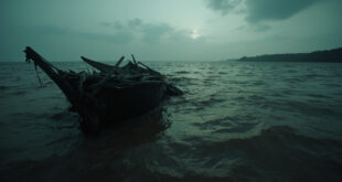 Capsized wooden boat partially submerged in muddy river waters with debris floating nearby