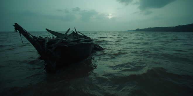 Capsized wooden boat partially submerged in muddy river waters with debris floating nearby
