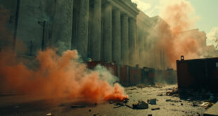 Smoke-filled street scene with damaged barriers and debris from recent civil unrest in urban setting