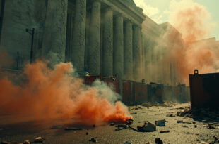 Smoke-filled street scene with damaged barriers and debris from recent civil unrest in urban setting