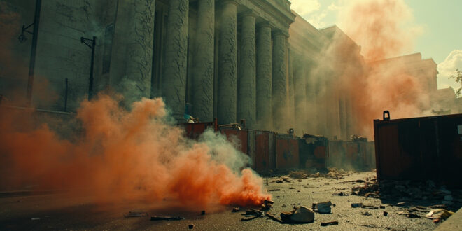 Smoke-filled street scene with damaged barriers and debris from recent civil unrest in urban setting