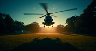 Marine One helicopter sits on White House South Lawn landing pad with evening lights illuminating the scene.