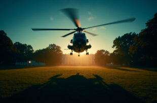 Marine One helicopter sits on White House South Lawn landing pad with evening lights illuminating the scene.
