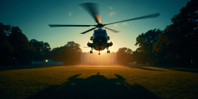 Marine One helicopter sits on White House South Lawn landing pad with evening lights illuminating the scene.