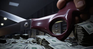 Large scissors cutting through thick bundles of dollar bills on a government desk with budget documents scattered around