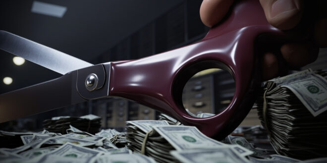 Large scissors cutting through thick bundles of dollar bills on a government desk with budget documents scattered around