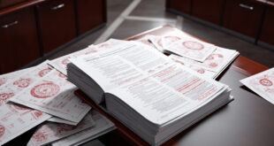 Government budget documents with financial figures spread across wooden desk surface with official stamps