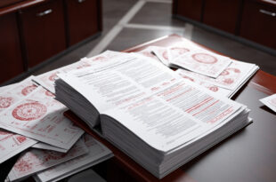 Government budget documents with financial figures spread across wooden desk surface with official stamps