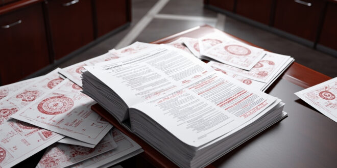 Government budget documents with financial figures spread across wooden desk surface with official stamps