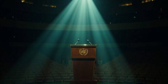 Empty UN General Assembly hall with wooden podium under spotlight, curved rows of delegate seats in shadows