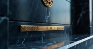 Bronze nameplate mounted on marble wall with official government seal