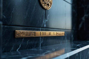 Bronze nameplate mounted on marble wall with official government seal