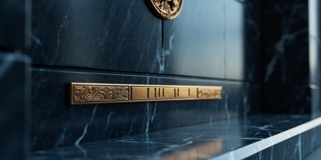 Bronze nameplate mounted on marble wall with official government seal