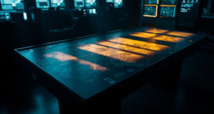 Illuminated tactical map showing territorial boundaries with communication equipment in dimly lit strategic planning room