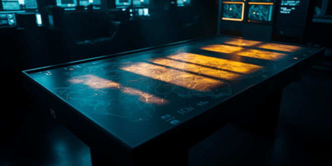 Illuminated tactical map showing territorial boundaries with communication equipment in dimly lit strategic planning room