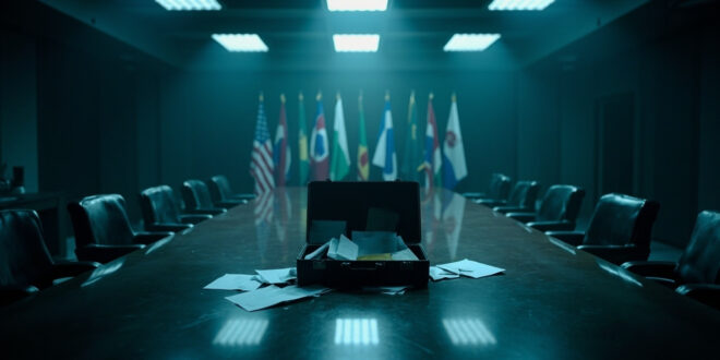 Open diplomatic briefcase with documents scattered on conference table under harsh lighting