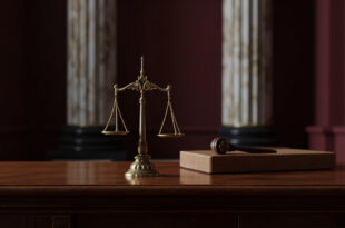 Bronze scales of justice on wooden desk in formal courthouse setting with marble columns