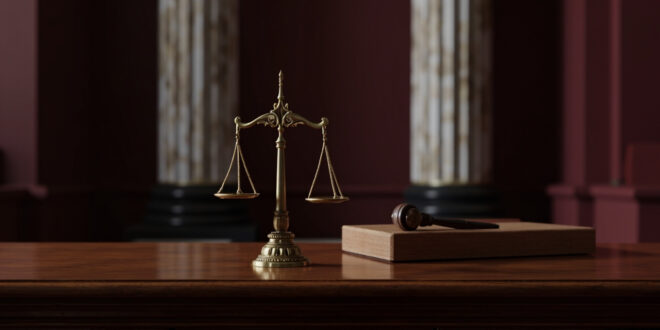 Bronze scales of justice on wooden desk in formal courthouse setting with marble columns