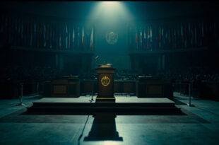 Empty UN General Assembly podium with microphone and scattered diplomatic flags in darkened chamber