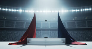 Empty ceremonial podium with microphone stand under bright lights in large stadium venue with draped American flags