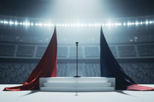 Empty ceremonial podium with microphone stand under bright lights in large stadium venue with draped American flags