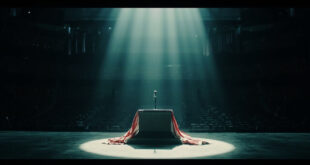 Empty memorial podium with microphone under bright spotlight in large stadium with American flag backdrop