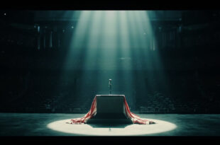 Empty memorial podium with microphone under bright spotlight in large stadium with American flag backdrop