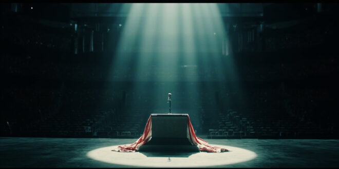 Empty memorial podium with microphone under bright spotlight in large stadium with American flag backdrop