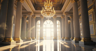 Luxurious ballroom interior featuring gold chandeliers, Greek columns, and expansive polished floors in neoclassical style