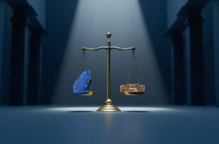 Golden scales of justice balancing EU flag against computer circuit board in formal government setting